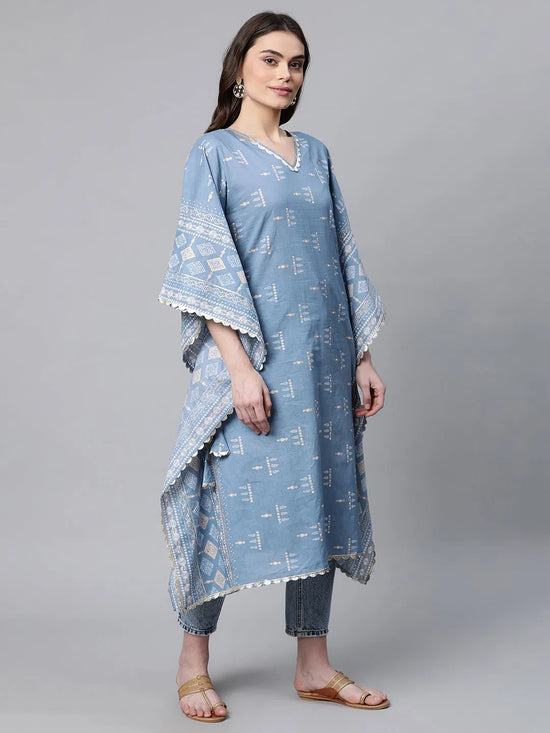 Ahalyaa Women Pastel Blue Pure Cotton Printed Kaftan Kurta