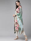 Ahalyaa Women Green Pink Floral Printed Flared Sleeves Gotta Patti Floral Crepe Kaftan Kurta