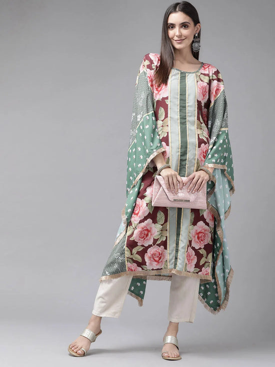 Ahalyaa Women Green Pink Floral Printed Flared Sleeves Gotta Patti Floral Crepe Kaftan Kurta