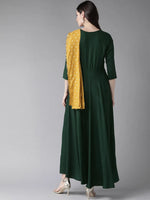 Ahalyaa Women'S Dark Green Rayon Flared Kurta With Attached Dupatta