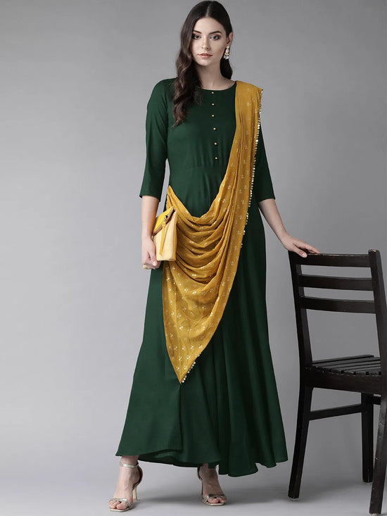 Ahalyaa Women'S Dark Green Rayon Flared Kurta With Attached Dupatta