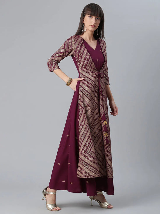 Ahalyaa Crepe Wine Glitter Print Kurta With Jacket