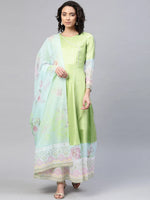 Ahalyaa Women'S Light Green Poly Silk Printed Kurta With Dupatta