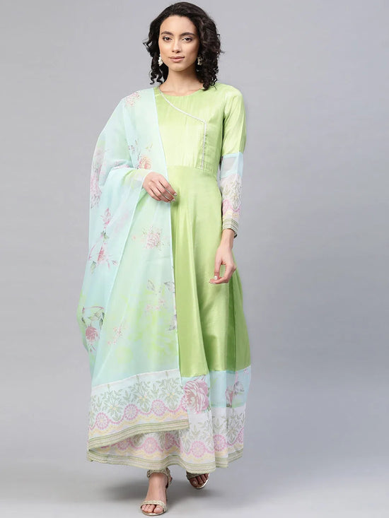 Ahalyaa Women'S Light Green Poly Silk Printed Kurta With Dupatta