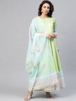 Ahalyaa Women'S Light Green Poly Silk Printed Kurta With Dupatta