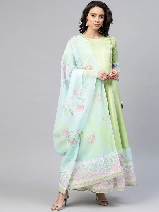 Ahalyaa Women'S Light Green Poly Silk Printed Kurta With Dupatta