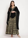 Ahalyaa Women'S Black Georgette Gold Foil Print Flared Kurta With Dupatta