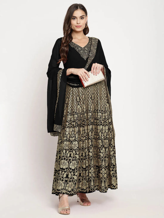 Ahalyaa Women'S Black Georgette Gold Foil Print Flared Kurta With Dupatta