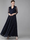 Ahalyaa Navy Blue Net & Crepe Silver Toned Polka Dots Printed Maxi Dress