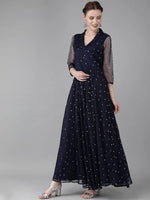 Ahalyaa Navy Blue Net & Crepe Silver Toned Polka Dots Printed Maxi Dress