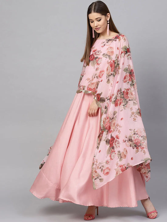 Ahalyaa Pink Poly Silk Kurta With Attached Printed Dupatta