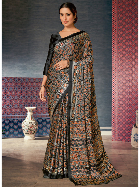 Saree Mall Women's Crepe Black Digital Print Designer Saree With Blouse Piece-AJRKH304