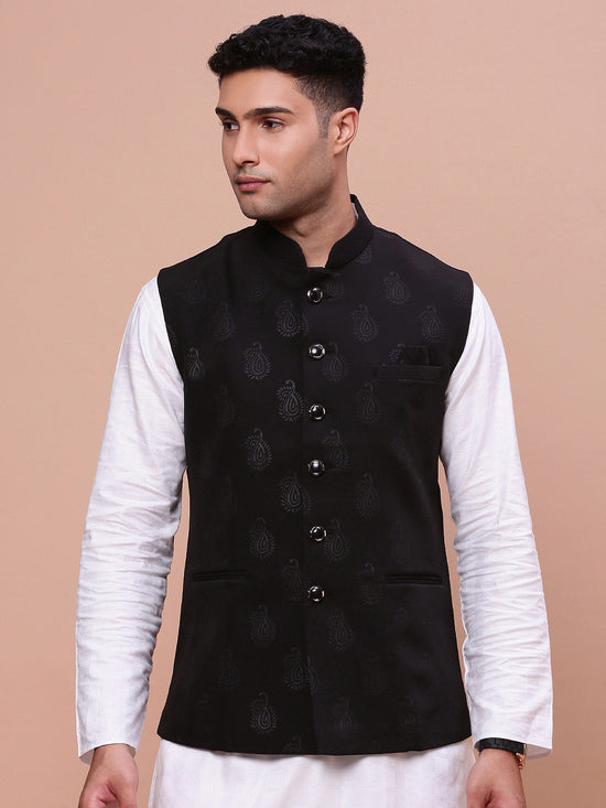 Men Woven Design Black Slim Fit Nehru Jacket-AK-1102A-5-Black