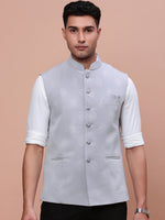 Men Woven Design Grey Slim Fit Nehru Jacket-AK-1102B-3-Grey