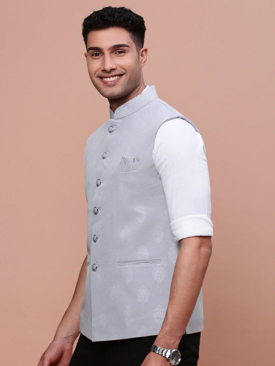 Men Woven Design Grey Slim Fit Nehru Jacket-AK-1102B-3-Grey