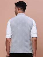 Men Woven Design Grey Slim Fit Nehru Jacket-AK-1102B-3-Grey