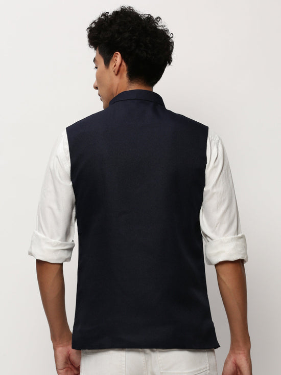 Men Mandarin Collar Solid Navy Blue Nehru Jacket-AK-1237-27-Navyblue