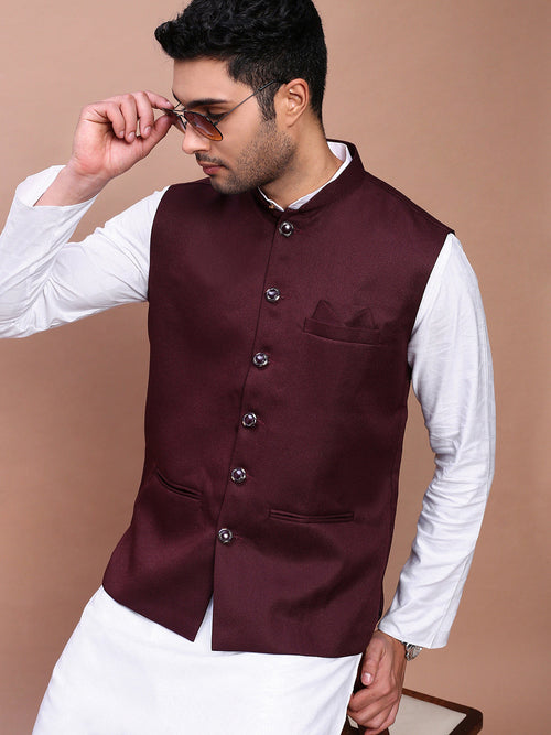 Men Solid Burgundy Slim Fit Nehru Jacket-AK-12527-13-Burgundy