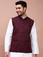 Men Solid Burgundy Slim Fit Nehru Jacket-AK-12527-13-Burgundy