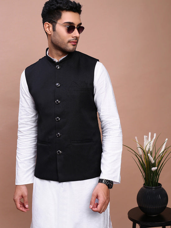 Men Solid Black Slim Fit Nehru Jacket-AK-12527-18-Black