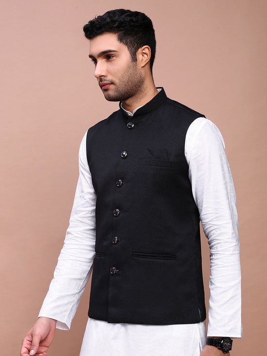 Men Solid Black Slim Fit Nehru Jacket-AK-12527-18-Black