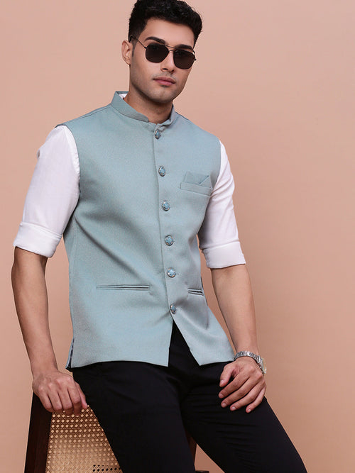 Men Solid Sea Green Slim Fit Nehru Jacket-AK-12527-20-Seagreen