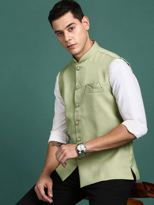 Men Solid Green Slim Fit Nehru Jacket-AK-12527-2-Green