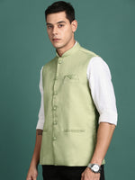 Men Solid Green Slim Fit Nehru Jacket-AK-12527-2-Green