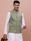 Men Solid Green Slim Fit Nehru Jacket-AK-12527-36-Green