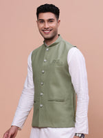 Men Solid Green Slim Fit Nehru Jacket-AK-12527-36-Green