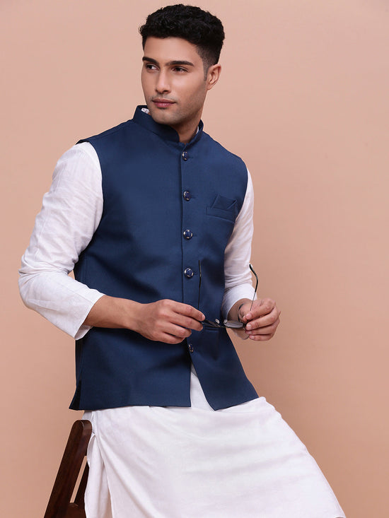 Men Solid Blue Slim Fit Nehru Jacket-AK-12527-4-Blue