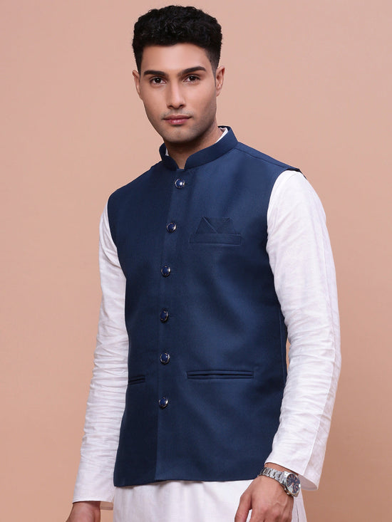 Men Solid Blue Slim Fit Nehru Jacket-AK-12527-4-Blue