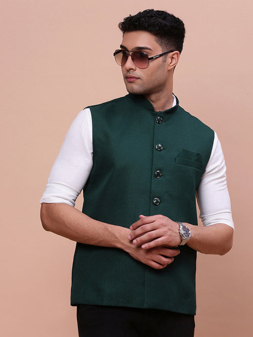 Men Solid Green Slim Fit Nehru Jacket-AK-12527-4-Green