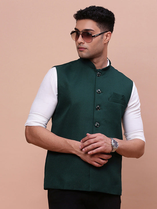 Men Solid Green Slim Fit Nehru Jacket-AK-12527-4-Green