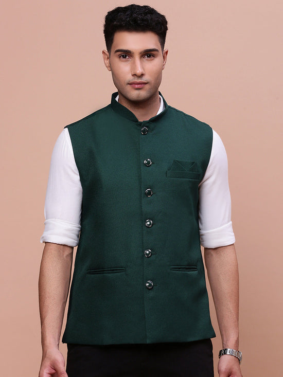 Men Solid Green Slim Fit Nehru Jacket-AK-12527-4-Green