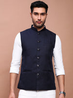 Men Solid Navy Blue Slim Fit Nehru Jacket-AK-12527-8-Navyblue