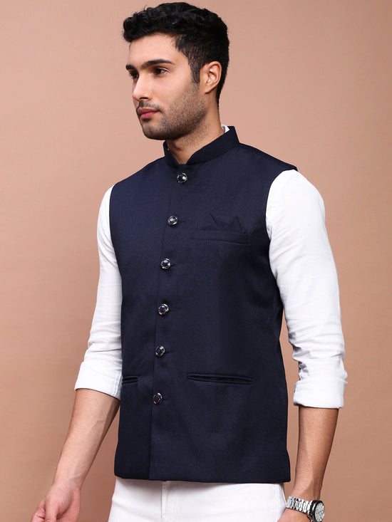 Men Solid Navy Blue Slim Fit Nehru Jacket-AK-12527-8-Navyblue