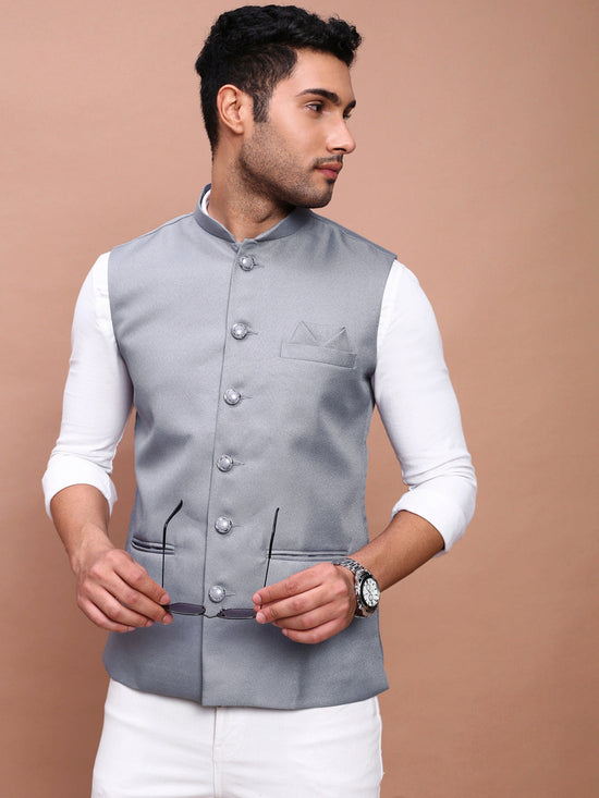 Men Solid Grey Slim Fit Nehru Jacket-AK-12527-9-Grey