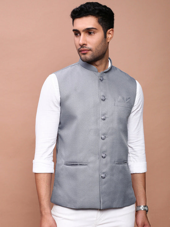 Men Solid Grey Slim Fit Nehru Jacket-AK-12527-9-Grey