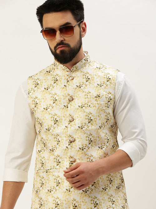 Men Mandarin Collar Printed White Nehru Jacket-AK-2611-2-White