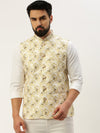 Men Mandarin Collar Printed White Nehru Jacket-AK-2611-2-White