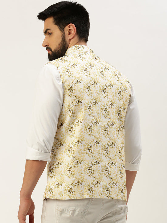 Men Mandarin Collar Printed White Nehru Jacket-AK-2611-2-White