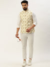 Men Mandarin Collar Printed White Nehru Jacket-AK-2611-2-White