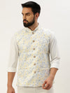 Men Mandarin Collar Printed White Nehru Jacket-AK-2611-5-White