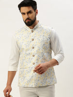 Men Mandarin Collar Printed White Nehru Jacket-AK-2611-5-White