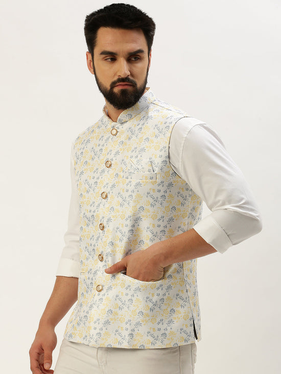 Men Mandarin Collar Printed White Nehru Jacket-AK-2611-5-White