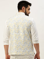 Men Mandarin Collar Printed White Nehru Jacket-AK-2611-5-White