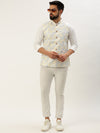 Men Mandarin Collar Printed White Nehru Jacket-AK-2611-5-White