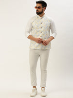 Men Mandarin Collar Printed White Nehru Jacket-AK-2611-5-White