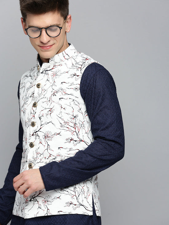 Men Mandarin Collar Printed White Nehru Jacket-AK-2701-2-White